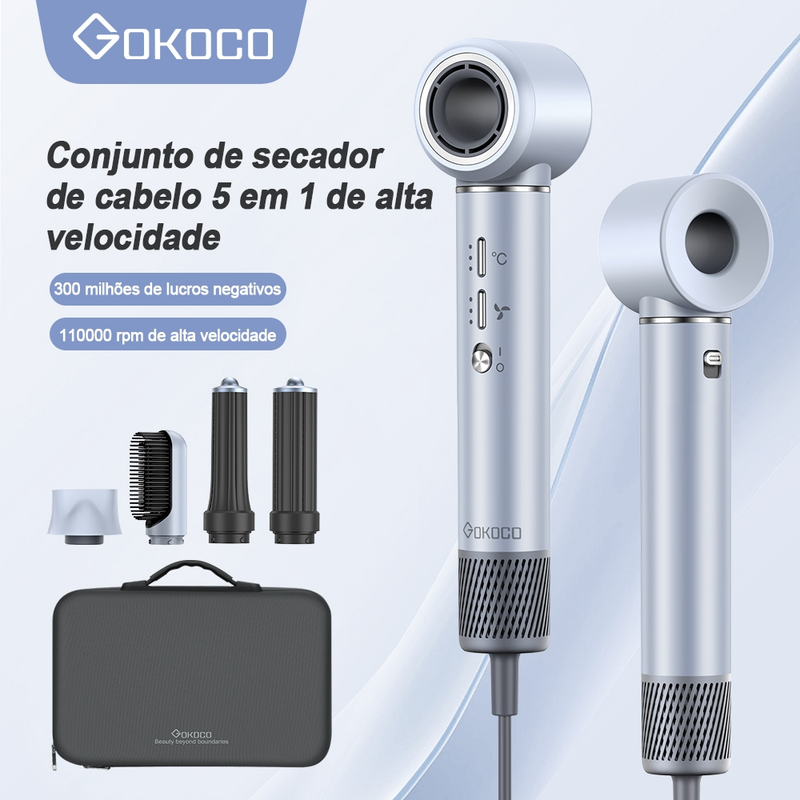 GOKOCO Secador De Cabelo Com 5 Em 1 GD023 Escova Magnético Multifuncional De Alta Velocidade Com Alisar Enrolar Hot Air